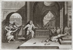 Bible of Royaumont, Det Gamle Testamente: Dagons Idol. Og da filistrene satte pagtens ark i templet ved siden af deres Gud Dagon, bragte hun deres afgudsbillede ned og slog dem alle med en meget høstplage, som tvang dem til at sende hende bort. Illu af Unknown artist