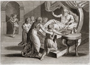 Bible of Royaumont, Gamle Testamente: Isak velsignede Jakob. Isak, der ønsker at velsigne Esau, giver Jakob sin velsignelse ved Rebekkas visdom, som hun tilhørte ifølge Guds plan. Illustration fra 1811. af Unknown artist