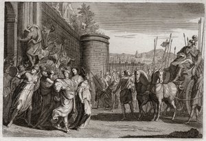 Bible of Royaumont, Gamle Testamente: Jephte ofrer sin datter. Jephte, en af Israels dommere, svor at ofre til Gud den første person, der ville komme til ham efter hans sejr mod ammonitterne. Det var hans datter. Illustration fra 1811. af Unknown artist