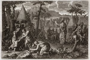 Bible of Royaumont, Det Gamle Testamente: Jøder i ørkenen (eller manna-oprøret). Gud lader manna falde fra himlen i fyrre år. Illustration fra 1811. af Unknown artist