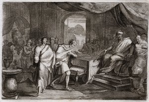 Bible of Royaumont, Gamle Testamente: Joachim skyder jern. Evilmerodach (Evil Merodac, Evil Merodac), konge af Babylon, behandler efter Nebukadnezar II