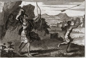 Bible of Royaumont, Det Gamle Testamente: Jonathan og David. Og da Jonatan så sin fars bitterhed, advarede Saul ham om at trække sig tilbage. Illustration fra 1811. af Unknown artist