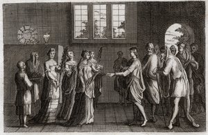Bible of Royaumont, Gamle Testamente: Isaks ægteskab. Isaac, Abrahams søn, gifter sig med Rebecca. Illustration fra af Unknown artist