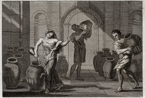Bible of Royaumont, Gamle Testamente: Miracle of Elisee. En forpint enke fra hendes creancers, ved hjælp af Elisees velgørenhed, befalede denne profet hende at låne mange kar fra disse naboer, som hun fyldte med olie med en lille rest, som hun havde i sin  af Unknown artist