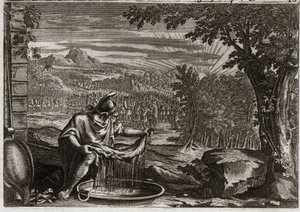 Bible of Royaumont, Gamle Testamente: Miracle of Fleece. Gedeon (Gideon) fik af Gud uldens mirakel som bevis på, at han havde valgt det, og at han ville gøre det til sit folks befrier. Illustration fra 1811. af Unknown artist