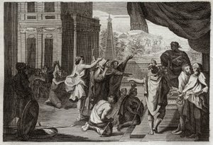 Bible of Royaumont, Det Gamle Testamente: Moses før Farao. Moses beder Farao om at lade hebræerne gå ud i ørkenen for at ofre til Herren. Illustration fra 1811. af Unknown artist