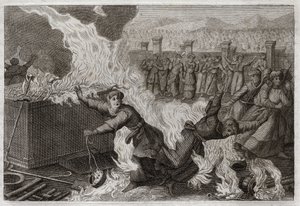 Bible of Royaumont, Gamle Testamente: Nadab og Abiu. Nadab (Nadav) og Abiu (Abihou), Arons sønner, som tændte en fremmed ild i deres røgelse for at ofre røgelse til Gud, blev brændt i selve tabernaklet. Illustration fra 1811. af Unknown artist