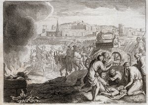 Bible of Royaumont, Det Gamle Testamente: Oza slår med Gud. David ønsker at bringe Pagtens Ark hjem. Oza døde, som lagde sin hånd der for at forhindre ham i at falde. Illustration fra 1811. af Unknown artist