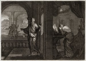 Bible of Royaumont, Gamle Testamente: Davids anger. Gud sender sin profet Nathan til David for at repræsentere hans fejl. Fortrydelsen over, at denne hellige konge fik det til, får ham til at acceptere alt det onde, som profeten forudsagde ham. Illustratio af Unknown artist