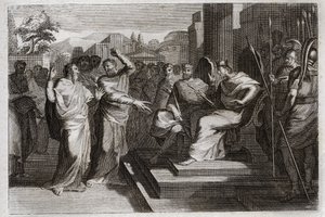 Bible of Royaumont, Gamle Testamente: Piete af Josaphat. Josafat, Judas frommeste konge, får alle de fyrster, der er omkring ham, til at ryste og vidner på forskellige måder om sin fromhed mod Gud, hvilket gjorde ham til sejr over sine fjender. Illustr af Unknown artist