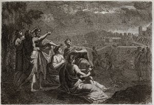 Bible of Royaumont, Det Gamle Testamente: Forudsigelser om Jerusalem. Gud har opgivet våben i luften over Jerusalem for at forgribe sig over det onde, der skulle smelte over hende. Illustration fra 1811. af Unknown artist