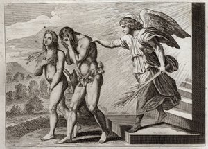 Bible of Royaumont, Gamle Testamente: Straf over Adam. Gud driver Adam og Eva ud af Paradiset, efter at de falder, og sætter en Cherubin ved døren for at forsvare deres indgang. Illustration fra 1811. af Unknown artist
