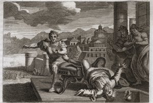 Bible of Royaumont, Gamle Testamente: Straf af Heli. Gud, for at straffe den store præst Heli (Eli) for hans uagtsomhed i at overtage sine børns ordrer, tillader ham at falde fra sin stol og brække hovedet ved at høre nyheden om deres død af Unknown artist