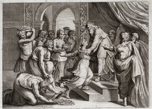 Bible of Royaumont, Gamle Testamente: Dronning af Saba. Dronningen af Saba kommer til Salomo for at lytte til hans visdom og give ham gaver. Illustration fra 1811. af Unknown artist