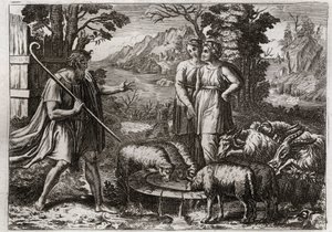 Bible of Royaumont, Gamle Testamente: Rachel og Lea. Jakob tjener Laban, sin onkel, for at få sin datter Rachel gift. Illustration fra 1811. af Unknown artist