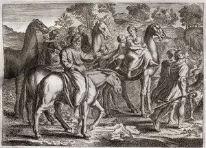Bible of Royaumont, Gamle Testamente: Jakobs tilbagevenden. Jakobs tilbagevenden til Kanaans land med sine hustruer, Rakel og Lea, og hans børn. Illustration fra 1811. af Unknown artist