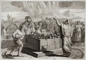 Bible of Royaumont, Gamle Testamente: Elias ofring. Og efter at have gjort den sande Gud kendt ved ildens mirakel, som kom ned fra himlen ved hans offer, befalede han folket at dræbe de fire hundrede og halvtreds præster af Ba