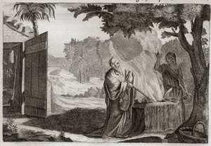 Bible of Royaumont, Gamle Testamente: Gedeons offer. Gedeon (Gideon) er kaldet af Gud til at fjerne jøderne fra deres fjender. Han bringer et offer på en sten, hvorfra han kommer ud af en ild, der fortærer den. Illustration fra 1811. af Unknown artist