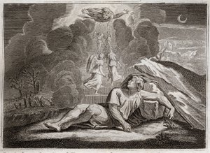 Bible of Royaumont, Gamle Testamente: Jakobs målestok. Jakob, der flygter fra Esaus vrede, lever og sover på en mystisk stige. Illustration fra 1811. af Unknown artist