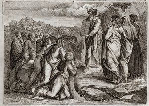 Bible of Royaumont, Det Gamle Testamente: Lovens anden tabeller. Gud giver Moses andre borde (Ti Bud), som folket modtager med respekt. Illustration fra 1811. af Unknown artist