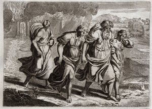 Bible of Royaumont, Gamle Testamente: Sodom brulee. Gud irriterer Sodomas afskyelige forbrydelser, brænder den sammen med de andre nabobyer, med en regn af ild og svovl, som han brænder fra himlen (Loth, hans døtre og hans kone flygter fra byen). Illustr af Unknown artist