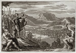 Bible of Royaumont, Gamle Testamente: Soldiers of Gedeon. Gud befaler Gedeon (Gideon) at føre alle sine tropper til Jordanfloden og giver ham et mærke til at skelne dem, som han skulle bruge til at kæmpe mod midjanitterne. Illustration fra 1811. af Unknown artist