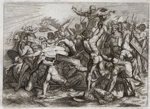 Bible of Royaumont, Gamle Testamente: Sun Stop. Joshua, der jagter sine amoritiske fjender (amorritter), får Solen til at stoppe, så han kan få mere tid til at fortryde dem. Illustration fra 1811. af Unknown artist