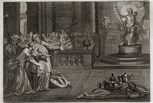 Bible of Royaumont, Det Gamle Testamente: The Idol of Bel. Daniel ødelagde idolet i Bel og dræbte en drage, som babylonierne tilbad. Illustration fra 1811. af Unknown artist