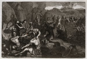 Bible of Royaumont, Gamle Testamente: Thieves of Siceleg. Nogle amalekiter kommer for at plyndre Siceleg i Davids fravær. Han løber rasende og mister dem. Illustration fra 1811. af Unknown artist