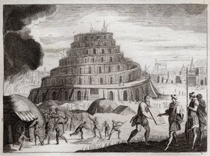 Bibelen fra Royaumont, Det Gamle Testamente: Babelstårnet. Mænd ønsker af forfængelighed at rejse et tårn til himlen. Gud forhindrer dette arbejde ved at forvirre deres tunger, så de ikke længere kan høre hinanden tale. Illustration fra 1811. af Unknown artist