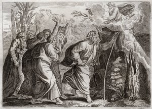 Bible of Royaumont, Gamle Testamente: Vand fra klippen. Moses bringer vand op af klippen og giver Israels folk en drink. Illustration fra 1811. af Unknown artist