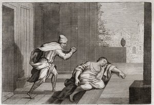 Bible of Royaumont, Det Gamle Testamente: Kvinde af den forargede Levite. Levitens kone blev fundet død ved døren efter at være blevet misbrugt af bøller. Illustration fra 1811. af Unknown artist