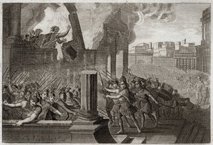 Bible of Royaumont, Gamle Testamente: Zambri brænder. Zambri, der har gjort oprør mod Ela, den fjerde konge af Israel, er belejret i Thersa, hvor han brænder sig selv med hele sin familie i sit palads. Illustration fra 1811. af Unknown artist