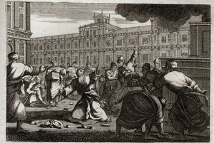 Bible of Royaumont, Gamle Testamente:, Zakarias stenet. Zakarias, ypperstepræsten, bliver stenet på befaling af Joash (Jehoash) konge af Juda, fordi han tog ham fra hans ordrer. Illustration fra 1811. af Unknown artist