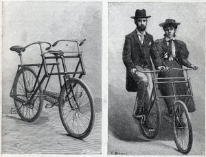 Cykel har to sæder fra fabrikationen "" Punnett Cycle"" uden og med cyklister. Indgravering i ""La Nature"" af Unknown artist