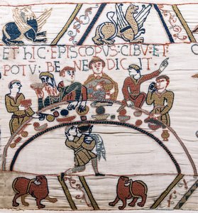 Biskop Odo velsigner maden og vinen, Bayeux Tapestry (uldbroderi på hør) af Unknown artist
