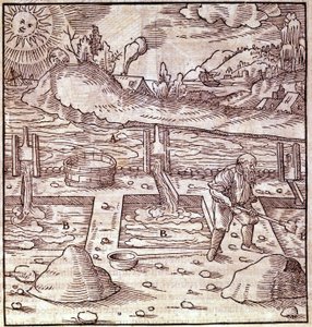 Bitumengendannelse. Georg Bauer "" Agricola De Re metallica"" bog fra det 15. århundrede. Bibl. ved Videnskabsmuseet, Milano. af Unknown artist