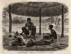 Smedemanganjaer (etnisk gruppe i Zambeze-regionen). Indgravering til illustration af Dr. Livingstones første rejser til det sydlige Afrika fra 1840 til 1856, i "Le tour du monde, nouveau journal des voyages"" udgivet under ledelse af Edouard Charton af Unknown artist