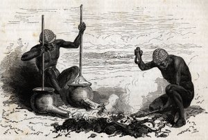 Smede Lakoutas (stamme beliggende i Upper Nile-regionen), en forgrenet trægren tjener som tænger, to sten tjener som hammer og ambolt, to jordpotter med lange rør i bunden fungerer som bælge til trækulsild, potterne er faste ved en stykke s af Unknown artist