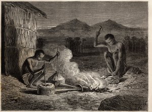Smede i Simiango, ved bredden af Zambese-floden. Indgravering til illustration af Dr. Livingstones første rejser til det sydlige Afrika fra 1840 til 1856, i "Le tour du monde, nouveau journal des voyages"" udgivet under ledelse af Edouard Charton af Unknown artist