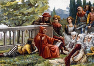 Boccaccio (Boccaccio) læste Decameron for sine venner under pestepidemien i Firenze omkring 1348. kromolitografi fra slutningen af det 19. århundrede. af Unknown artist