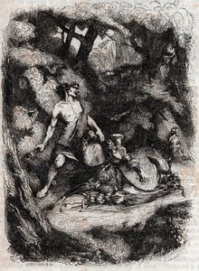 Bradamante terrassee af en kæmpe - indgravering af 1851 fra "" Furious Roland"" (Orlando furioso) (1500-tallet) af Ludovico Ariosto, kendt som Ariosta - Udgave oversat fra italiensk af greven af Tressan og udgivet af Gustave Harvard 1851 af Unknown artist