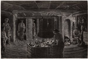 Morgenmad i minen, distribution og forbrug af kurve-måltider til minearbejdere i kulminegallerierne i Creusot. Gravering til illustration af en rejse til Creusot og minerne i Saone og Loire, i 1865, af L. Simonin, i "" Le tour du monde, no. af Unknown artist