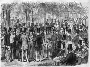Mæglere nær den lille Bourse du Boulevard des Italians i Paris, Frankrig. Indgravering i "The Illustrous Universe" af Unknown artist