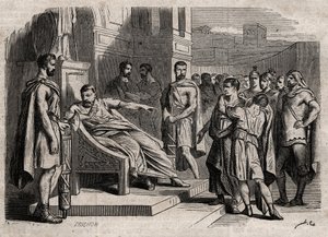Brutus dømmer sin søn til døden - Brutus (Marcus Junius Brutus, 85-42 f.Kr.) dømmer sine sønner til døden - indgravering i "" Dictionnaire populaire illustrious" - 1864 - af Joseph Decembre og Edmond Allonier - af Unknown artist