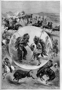 Buffalo Bills show i Paris: øvelser præsenteret af William Frederic Codys trup (1846-1917), kendt som Buffalo Bill (angreb af flid, Sioux-dans, bøffeljagt). Indgravering i "" La Nature. Revue des sciences et de ses applications aux arts et a l