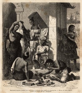 Burmesiske købmænd, der sælger stoffer og parfume til laotiske kvinder ved døren til en pagode i Muong Mai. Gravering til illustration af udforskningsrejsen i Indokina af Francis Garnier, løjtnant de Vaissseau, i 1866-1868, udgivet i "" Le tour du mond af Unknown artist