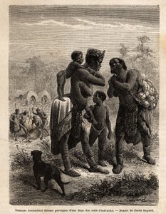Bushmenes strømper vand i strudseæg, ledsaget af deres børn; i baggrunden, set fra landsbyen og mænd, der slagter en antilope. Indgravering til illustration af Dr. Livingstones første rejser til det sydlige Afrika fra 1840 til 1856, i "Le tour du af Unknown artist