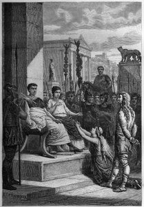 CHAMACUS FANGEN - Caratacus (Caratacos, Caratacus) i fangenskab med sin familie taler til den romerske kejser Claudius (Claude I) (10 f.Kr.-54 e.Kr.) - Indgravering i "L