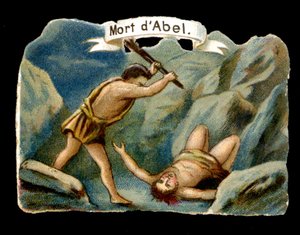 Kain dræber sin yngre bror Abel af jalousi (Adams og Evas børn). Kromolitografi af det 19. århundrede. af Unknown artist